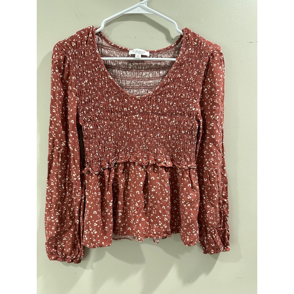 Kirious Los Angeles Smocked Peplum Top Orange White Dot Long Sleeve V-Neck M